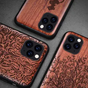 Casing Ponsel Ukiran Kayu Kosong, Kustom Alami Asli untuk Iphone 11 Pro Max Casing Kayu dengan TPU