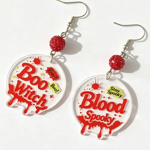 Boucles d'oreilles pendantes en acrylique avec lettres effet sang coulant pour Halloween, motif rond 'Boo' et texte effrayant, bijoux de fête gothiques - Product Image 1