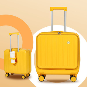 Valise cabine pour femme 18 pouces avec porte-gobelet, roulettes pivotantes, couleur unie jaune macaron, loisirs, voyage, fermeture éclair - Product Image 1