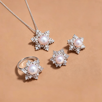 Ensemble de bijoux en argent sterling 925 avec perle d'eau douce naturelle, pendentif flocon de neige de Noël, boucles d'oreilles et bague, avec certificat