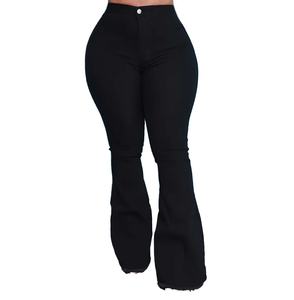 Spedizione gratuita <span class=keywords><strong>a</strong></span> USA-<span class=keywords><strong>Pantaloni</strong></span> <span class=keywords><strong>a</strong></span> zampata <span class=keywords><strong>neri</strong></span> <span class=keywords><strong>a</strong></span> <span class=keywords><strong>vita</strong></span> <span class=keywords><strong>alta</strong></span> da donna Jeans Casual traspiranti e lavabili in Denim <span class=keywords><strong>con</strong></span> bottone stretto in tessuto - Product Image 1