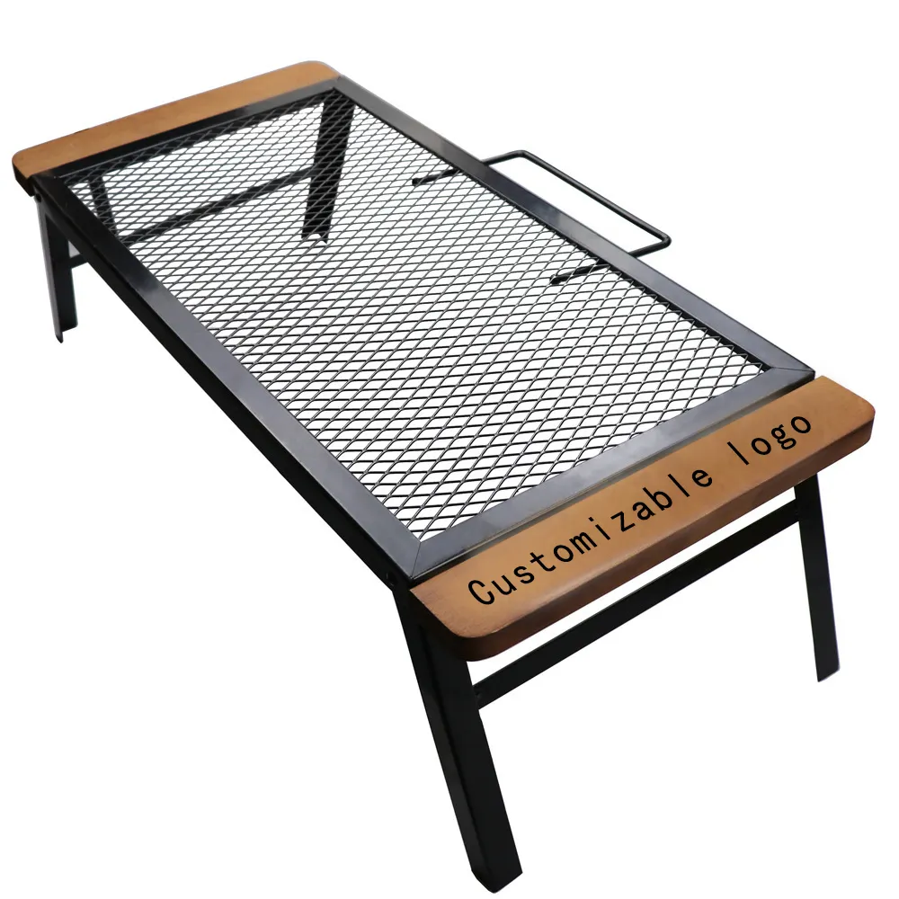 Outdoor Anti-scalding Wooden Handle Camping Barbecue Iron Table Convenient Folding Net Camping Table