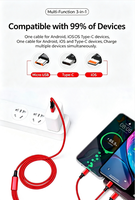 Câble de charge USB 3 en 1 en cuivre pur tressé en nylon, charge rapide 3A, chargeur de téléphone portable 3 têtes Type-C/Micro USB/iOS