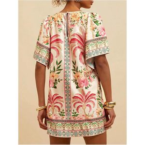 Women's Boho Floral <b>Dress</b> Crew Neck Short Sleeve Mini Tunic Chiffon Breathable <b>Tropical</b> Vacation Outfit - Product Image 2