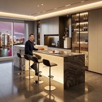 Ensemble de bar à domicile moderne et luxueux sur mesure, îlot de cuisine avec comptoir en pierre, armoire à vin en verre et aluminium, et éclairage LED intégré