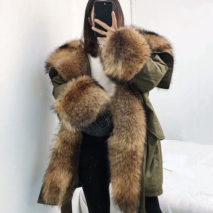 Inverno delle donne di spessore reale pelliccia di procione parka signore naturale cappotto di pelliccia di volpe