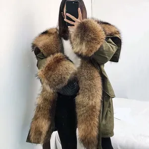 Women's winter thick real raccoon fur parka ladies natural fox fur coat