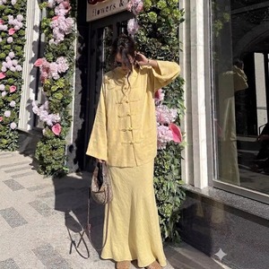 2026 Wholesale Summer Neo-Chinese <strong>Linen</strong> 2 Piece Set Frog Button Tunic and <strong>Maxi</strong> <strong>Skirt</strong> Periwinkle Modest Women Elegant Suit - Product Image 2
