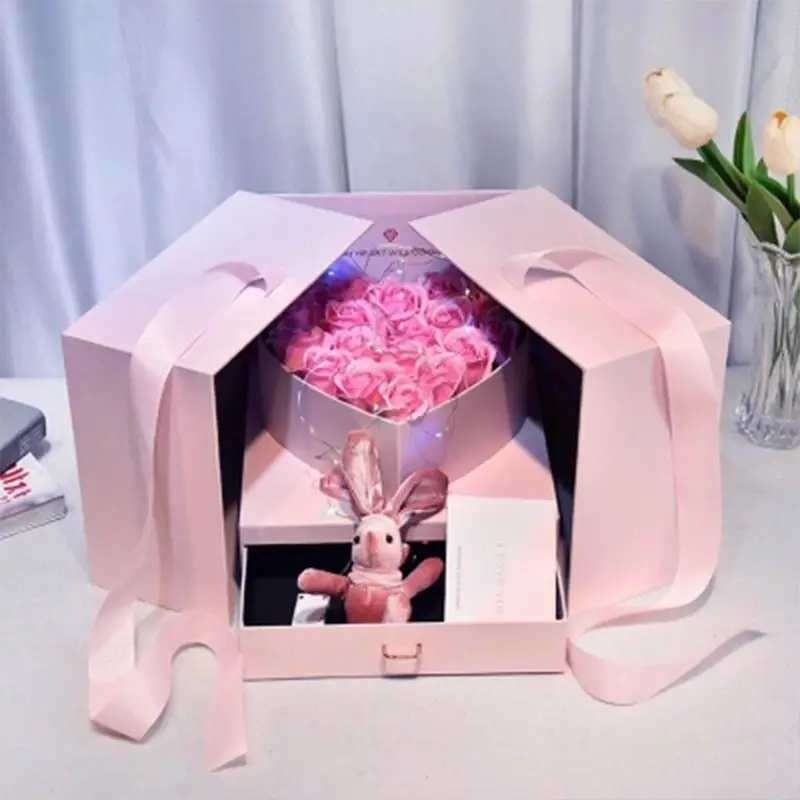 "luxury two layer rose flower heart gift packaging box custom i love you flower boxes with drawers "