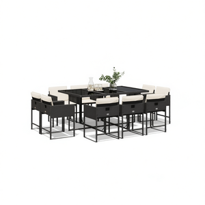 Ensemble de salle à manger de jardin en polyrotin noir avec coussins, 10 places, mobilier d'extérieur contemporain, structure en métal - Product Image 1