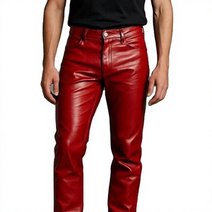 Pantalon de motard en cuir d'agneau rouge pour homme, léger, décontracté, respirant, imperméable, coupe droite, taille mi-haute, fermeture éclair - Product Image 1