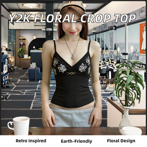 เสื้อครอปสไตล์วินเทจโกธิค Y2K สำหรับผู้หญิง ผลิตจากผ้าถักผสมสแปนเด็กซ์/โพลีเอสเตอร์ เป็นมิตรต่อสิ่งแวดล้อม ระบายอากาศได้ดี พิมพ์ลายดิจิทัลลายดอกไม้ย้อนยุค คอวี น้ำหนัก 180 กรัม - Product Image 2