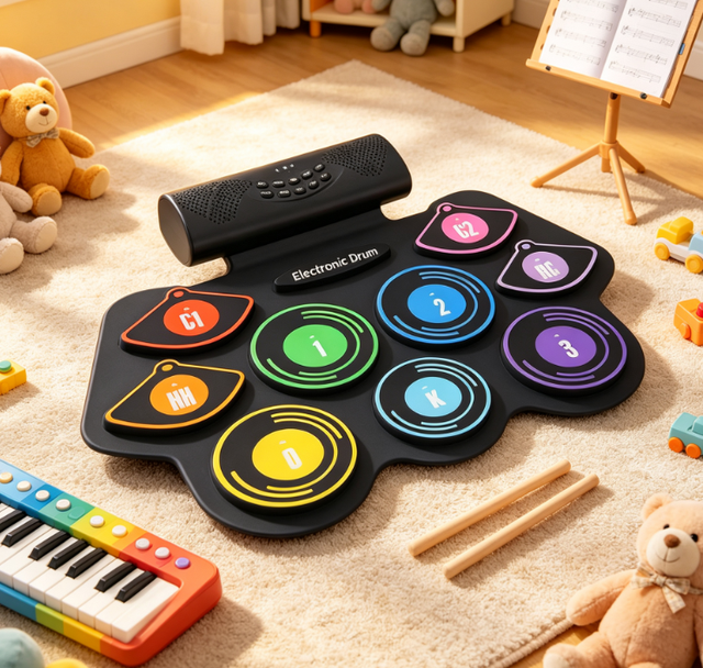 Portable Hand-Rolled Electronic Drum Set with Dual Speakers | Colorful Beginner Practice Pad Kit, USB/MIDI Output for Practice