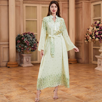 Robe longue Abaya Kaftan musulmane élégante à imprimé floral, broderie de sequins, décorations à franges, manches longues, col en V, respirante et légère