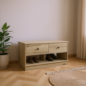 Panca contenitore Tulip con due cassetti e ripiani, mobile da soggiorno in legno dal design moderno - Product Image 2