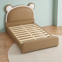 Lit pour enfants rembourré en tissu doux avec tête de lit en forme d'ours, coins arrondis, sûr, facile à nettoyer, en simili cuir et en bois de pin, lit plateforme pour enfants