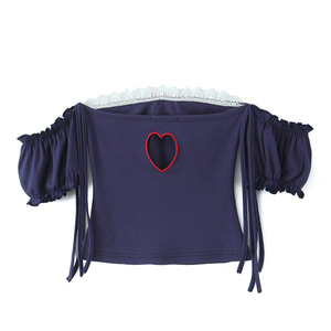 Short Sleeve <strong>Navy</strong> Color Slash Neck Back Hollow Out Casual Fashion Crop Blouse <strong>Top</strong> for <strong>Women</strong> - Product Image 2