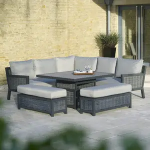 Patio Rattan Furniture Outdoor Wicker Powder-Coated Aluminium Frame Corner Sofa With Square Height-adjustable Table 2 Benche