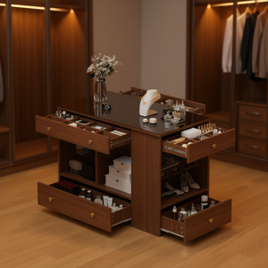 Mueble de Almacenamiento de Joyas con 6 Cajones, Madera de Nogal, Estantes Abiertos, Tapa de Vidrio, Tipo de Mueble de Pie - Product Image 2