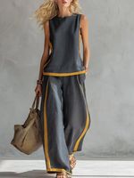 Ensemble deux pièces d'été décontracté pour femme en polyester et lin de bambou, avec gilet sans manches et pantalon large contrastant