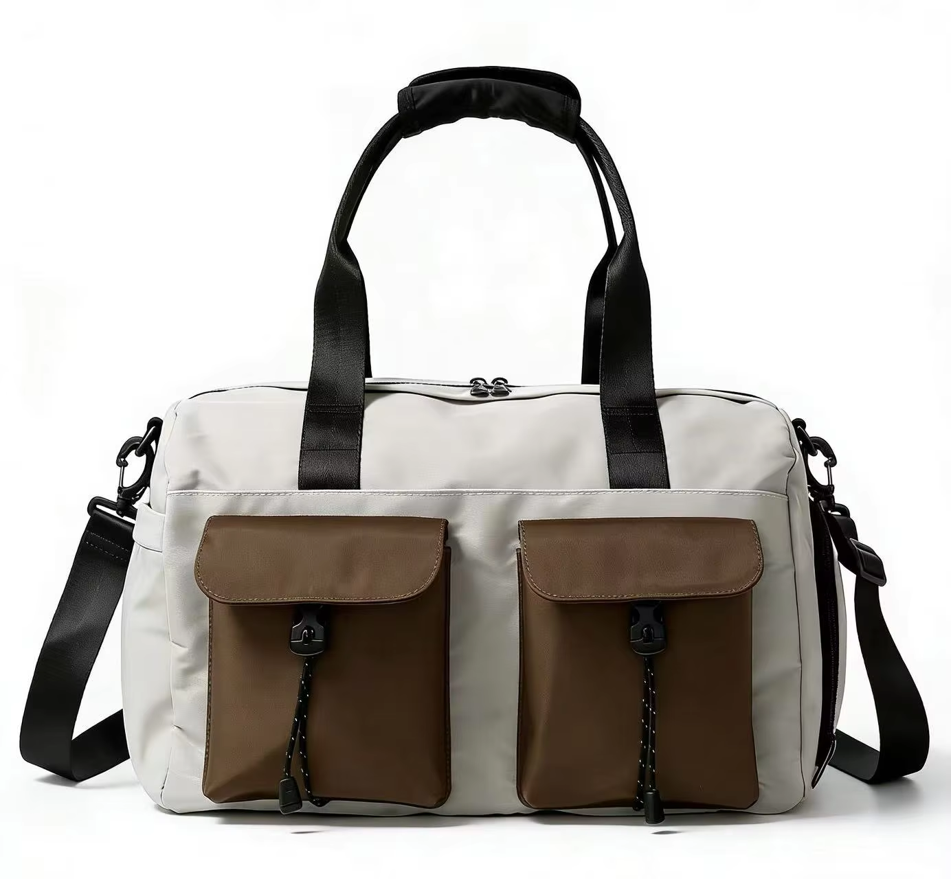 Beige Brown Duffle Bag with Multiple Pockets