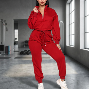 Women Plus Size <b>Red</b> Tracksuit Hooded Full Sleeve Drawstring Casual Sweatpants Set Solid Color Autumn Wear - Product Image 1