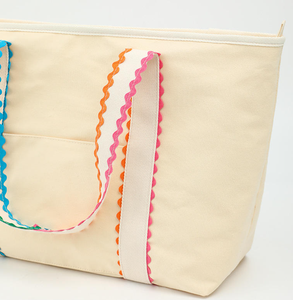 Bolsa de compras de gran capacidad a la moda, bolsa de playa de lona beige, bolso de mano con volantes, bolso tote grande con logo impreso personalizado - Product Image 4