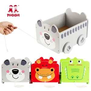 New arrival children animal play pull string cart baby wooden pull along toy for kids