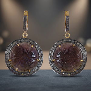 Boucles d'oreilles pendantes vintage plaquées or avec agate, motif floral, serti clos, en alliage, pour femme, marque Rajasthan - Product Image 4