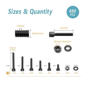 Kit de vis à tête hexagonale M2, écrous, rondelles, 660 pièces, acier allié de qualité 12.9, métrique DIN 912, oxyde noir - Product Image 4