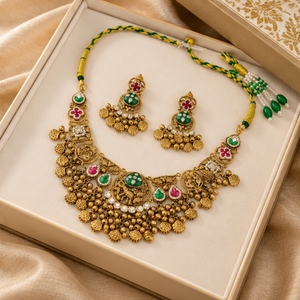 Temple <b>SIlver</b> Gold <b>Necklace</b> <b>Set</b> With Green <b>And</b> Red Stones Bridal Choker <b>Necklace</b> With Matching <b>Earrings</b> South Indian - Product Image 5