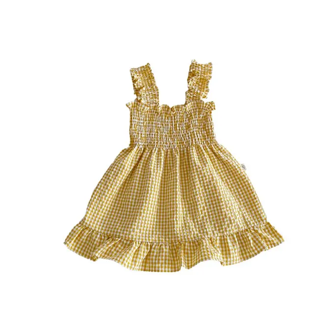 Bán Buôn 2024 Mới Mùa Hè Kẻ Sọc Váy Bé Gái Kid Dễ Thương Không Tay Bông Quần Áo Công Chúa Màu Vàng Lưới Cô Gái Dễ Thương Dresses