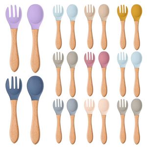2pcs <b>Set</b> Custom BPA-Free Food Grade Toddler's Dining <b>Set</b>-Soft Silicone Tip Spoon & Fork with Wooden Handle for Baby Feeding - Product Image 2