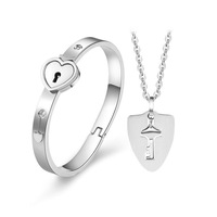 Bracelet et jonc en acier titane avec cadenas cœur, bijoux de couple à clé, bracelets et colliers tendance