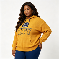 Pull en tricot personnalisé grande taille pour femmes, avec perles brodées sur les manches et badge, à capuche, pour dames