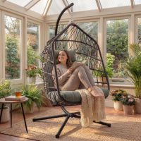Fauteuil œuf pliable de loisirs en plein air, élégant, résistant aux UV, avec support et coussin