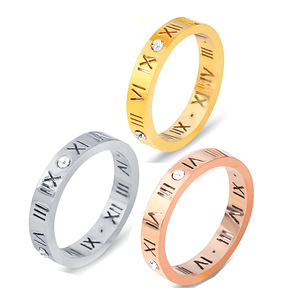 Bagues de mode 4 mm en acier inoxydable avec chiffres romains sertis de diamants, bijoux unisexes, cadeau, or rose, argent, or - Product Image 1