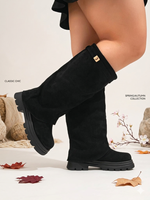 Bottes noires à plateforme confortables, mi-mollet, largeur extra-large, pour jambes fortes, à enfiler, avec logo métallique, à revers, talon de 4 cm, boucle, vente en gros usine