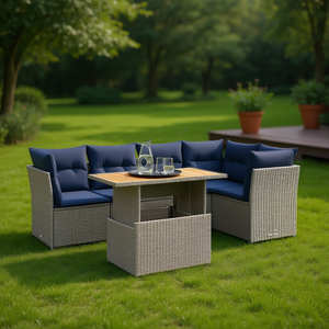 Set di divani da giardino in polyrattan grigio da 5 pezzi con cuscini, mobili da giardino, posti a sedere all'aperto - Product Image 2