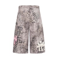Shorts amples tendance pour hommes en denim de buffle délavé, style américain rétro, avec motif brodé en point de croix et rivets imprimés