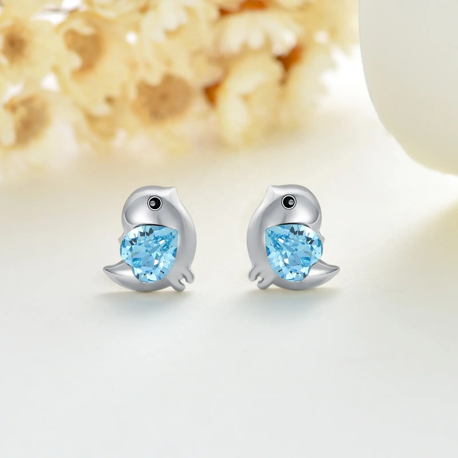 Anting-anting kancing Burung Hati kristal biru perak Sterling 925 berlapis emas putih perhiasan anting-anting