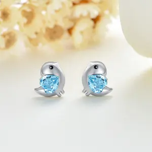 Boucles d'oreilles en argent sterling 925 plaqué or blanc cristal bleu coeur oiseau bijoux