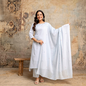 Blue Embroidered Pure Cotton <b>Women</b> Salwar Kameez Set 3/4th Sleeve <b>Kurti</b> & Pant with Dupatta <b>for</b> Party Wedding - Product Image 1