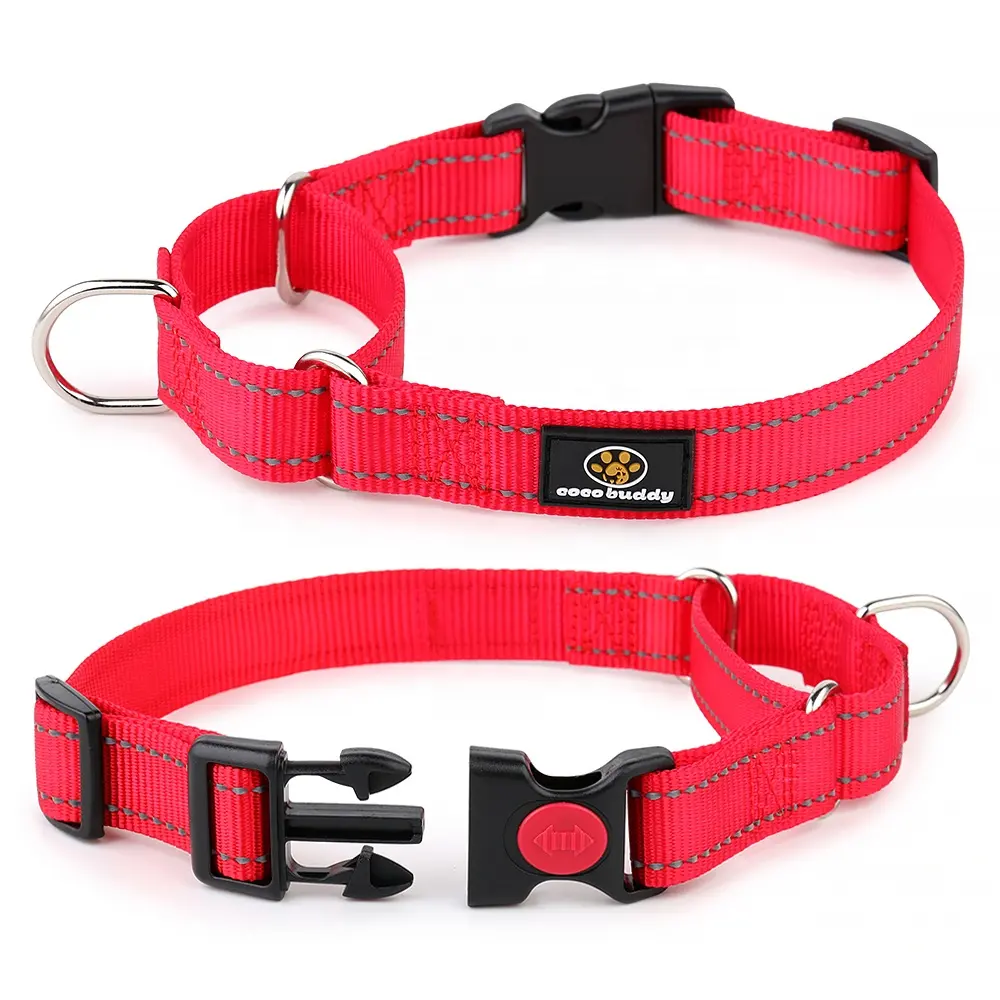 Customized Label Reflective Nylon Webbing No Choke Dog Collars Pet Dog Martingale Collar for Dogs with Safety Buckle