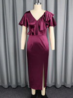 Vêtements de mode Ocstrade robes de soirée à fente bordeaux robes de soirée pour femmes col en V à volants manches courtes robes de soirée grande taille pour femmes