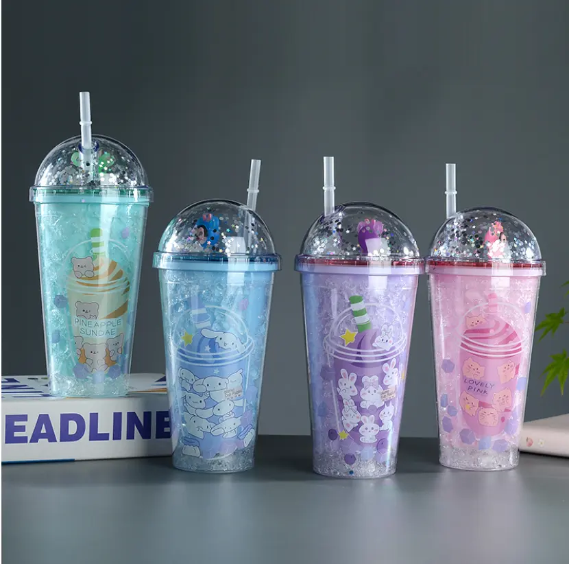 wholesale custom logo double wall 450ml led plastic acrylic coffee tumbler cups in bulk with lid and straw