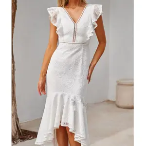Oem Custom Dress Elegant Pleated White Lace Mermaid Dress Maxi Bodycon Casual Dress Women For Cocktail