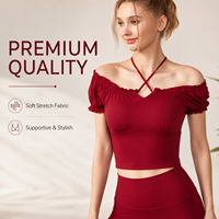 Haut court sexy pour femme, rouge bordeaux, à épaules dénudées, manches bouffantes croisées, côtelé, coupe ajustée, pour soirée, club, mode estivale décontractée