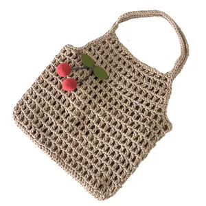 2024 Best Sellers Straw Bag Supplier Summer Beach Handmade Knitting Tote Straw Bag With Cherries Ornaments