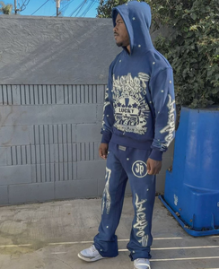 Custom Logo <strong>Tracksuits</strong> Patch Embroidery /distress Embroidery Stone Wash Fleece Lining 100% Cotton Hip Hop <strong>Style</strong> Flared Split - Product Image 6